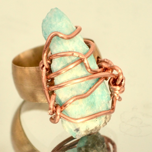 Custom Natural Blue Amazonite Brass Copper Ring - Picture 3 of 6